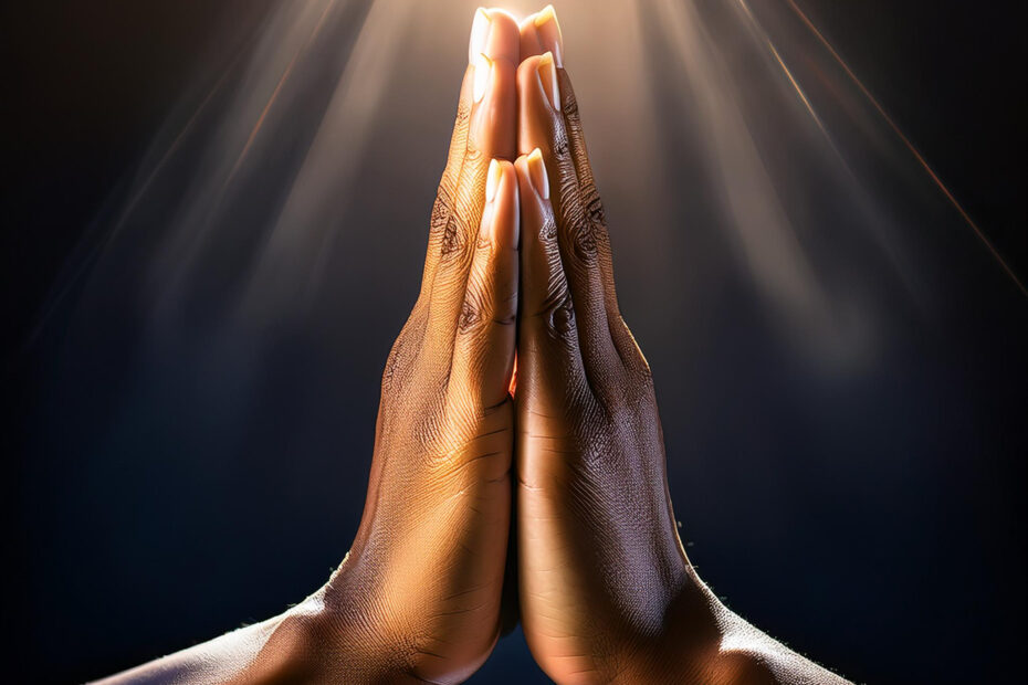 Firefly zum Gebet gefaltete Hände einer farbigen Frau, von oben beleuchtet von einem Scheinwerfer